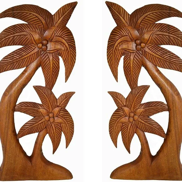 Beautiful Handmade Mahogany Wood Set of 2 Palm Tree with Coconuts Tropical Islan - Picture 1 of 2